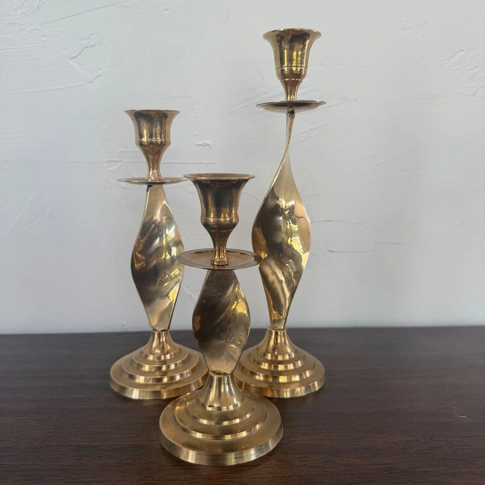 Vintage Brass Twisted Spiral Candlestick Holders Set of 3 MCM India